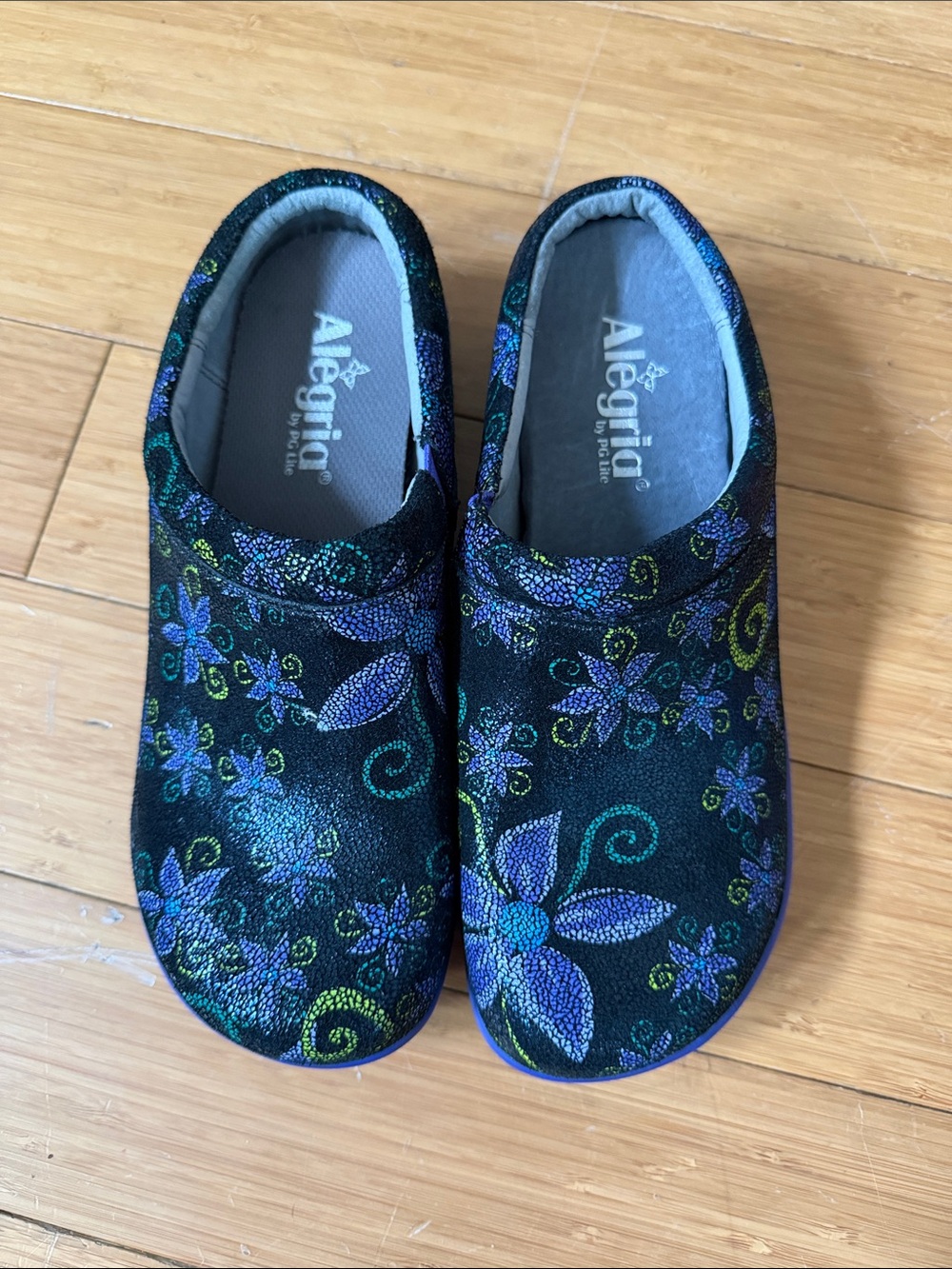 Alegria Black Slip-On Clogs with Purple & Teal Floral Accents